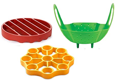 OXO Silicone Pressure Cooker Set 3 Piece Egg Steamer Basket Cooking Rack, Red Yellow Green