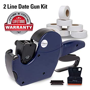 Perco 2 Line Date Gun Labeler Kit: Includes 16 Digits Label Gun, 10,500 White Labels, Inker Remover Tool, and Pre-Loaded Ink Roll