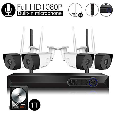 Wireless Security Camera System with Audio Built-in Microphone, CamView 4CH 1080P Wireless Network Video Recorder with 1TB Hard Drive, 4PCS 1080P Indoor/Outdoor IP Camera, P2P, 65ft Night Vision