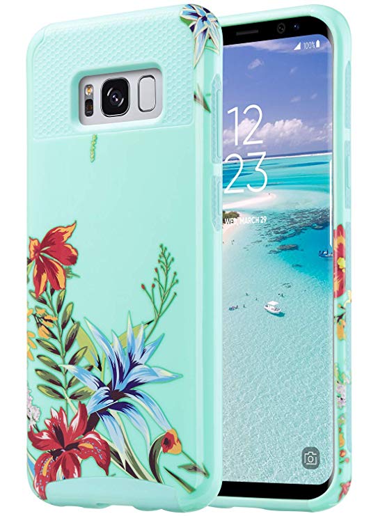 ULAK S8 Plus Case, Galaxy S8 Plus Case, Hybrid Case for Samsung Galaxy S8 Plus 2017 Release 2-Piece Dual Layer Style Hard Cover (Mint Tropical Flower)