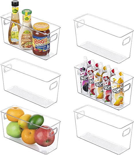 Vtopmart Clear Plastic Pantry Organizer Bins, 6 PCS Food Storage Bins with Handle for Refrigerator, Fridge, Cabinet, Kitchen, Countertops, Cupboard, Freezer Organization and Storage, BPA Free, Narrow