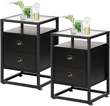 VECELO Modern Side, Nightstand, Tempered Glass End Table, Cabinet with 2 Drawers Shelf, Decoration in Living Room,Bedroom,Lounge,Set of 2, Black