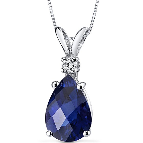 14 Karat White Gold Pear Shape 2.50 Carats Created Blue Sapphire Diamond Pendant