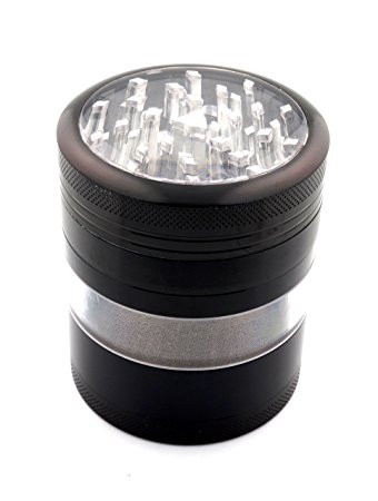Large Four Piece Black Premium Grade Aluminum Metal Herb Grinder 2.5" Wide 3.0" Tall Clear top and Side Window Pollen Screen