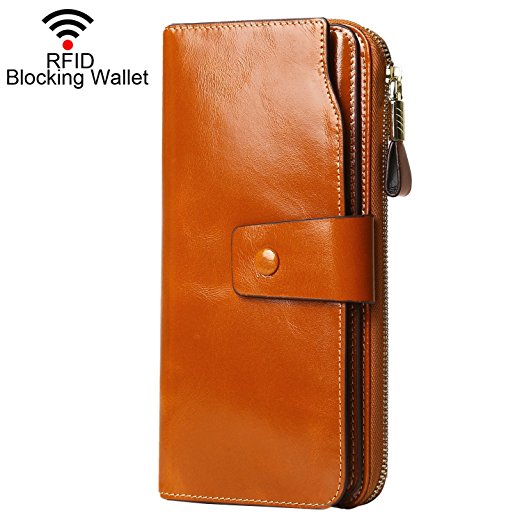 Dante RFID Blocking Large Capacity Wax Real Leather Wallet Clutch Travel Purse for Women