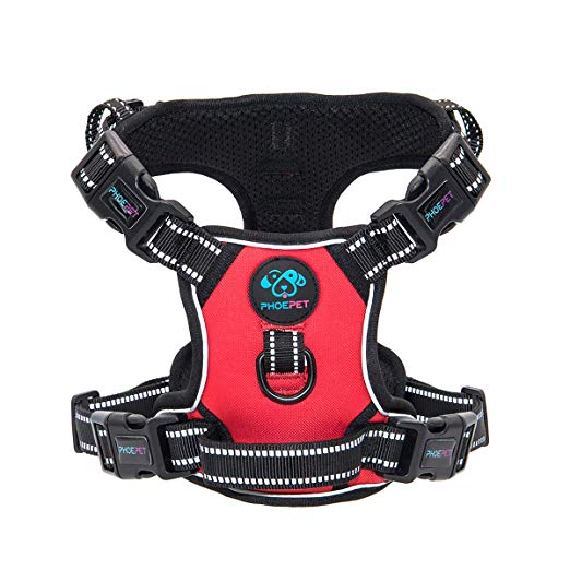 PHOEPET Updated No Pull Dog Harness Reflective Puppy Vest  Training Handle  2 Metal Hooks  4 Snap Buckles  4 Slide Buckles [Easy to Put on & Take Off]