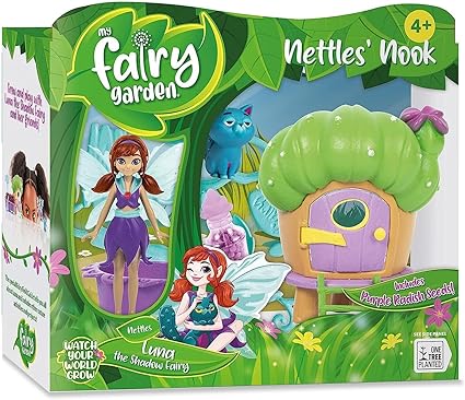 Nettles’ Nook Mini Terrarium- Tiny Garden with Shadow Fairy & Cat Doll - Grow Your Own Mini Garden Kit - Educational Playset with Soil, Seeds & Fairy Field Guide for Kids Aged 4 and Up
