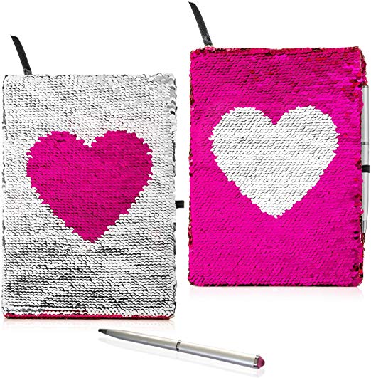 Flip Sequin Journal for Girls with Diamond Pen | Reversible Sequin Heart Diary | Perfect Girls Valentine's Day Gift