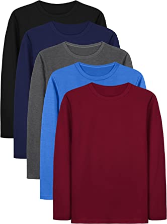 Cooraby 5 Pack Boys Long Sleeve Tees Boys' Long Sleeve Crewneck T-Shirts Kids Long Sleeve Soft T-Shirts Top