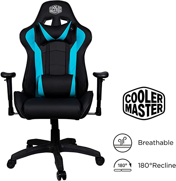 Cooler Master Caliber R1, PC Gaming Racing Chair Ergonomic High Back Office Chair, Seat Height and Armrest Adjustment, Recliner, Cushions with Headrest and Lumbar Support- Cyan-Blue