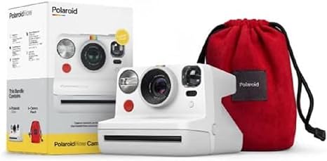 Polaroid Now Bundle with White Camera and Red Travel Pouch - Dual Lens with Autofocus, Rechargeable Battery - Compatible with i-Type and 600 Film