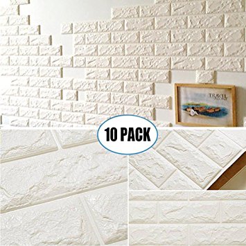 10 Pack White Brick Wallpaper Tiles, POPPAP Self-adhesive 3D Foam Wall Panels for Home Decor TV Walls kitchen bedroom living room Background Wall Decor ( 23.62"X 23.62" inch)