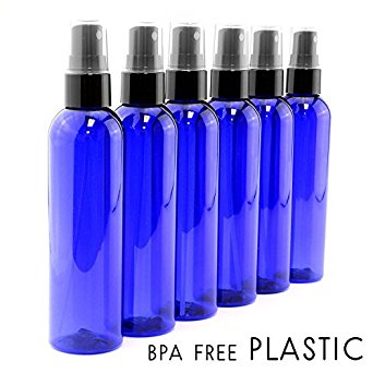 4oz Cobalt Blue Empty Plastic Refillable PET Spray Bottles w/ Fine Mist Atomizer Caps (6-pack); Sprayers for DIY Home Cleaning, Aromatherapy, Travel, On-the-Go & Beauty Care (4 ounce, Cobalt Blue, 6)