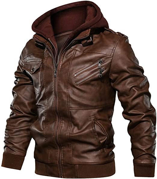 CARWORNIC Men's Faux Leather Jacket Casual Brown Motorcycle Jacket with Removable Hood