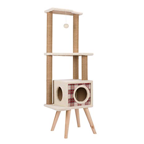 CO-Z 3-Level White-Lint-Covered Cat Tree with Chipboard Construction, Sisal-Rope-Wrapped Scratching Post and 4 Stabilizing Legs (3 Level Cat Tree)