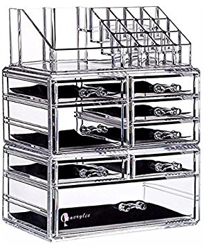 Cq acrylic 8 Drawers and 16 Grid Makeup Organizer,9.5"x6.5"x11.8",Clear 2 Piece Set