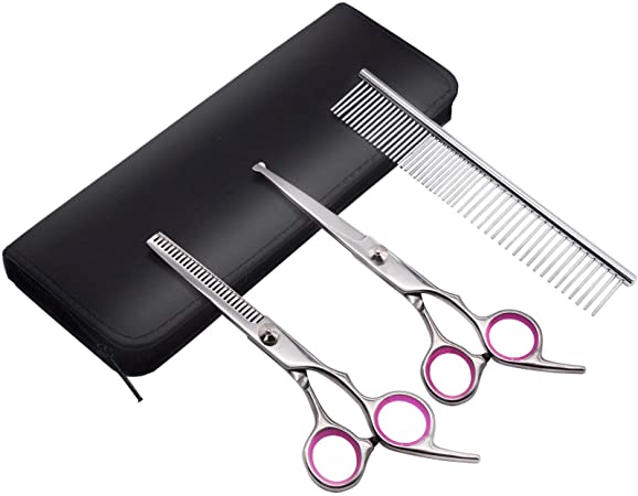 PetQoo Dog Grooming Scissors with Safety Round Tips, Heavy Duty Titanium Pet Grooming Trimmer Kit, Professional Thinning Shears, Straight Scissors with Comb for Dogs and Cats