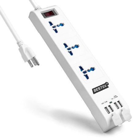 Universal Power Strip BESTEK 3-Outlet Travel Surge Protector 100V to 250V 6.5-Foot Cord with 5.2A 4 USB Ports