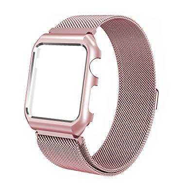 For Apple Watch Band 42mm Stainless Steel Mesh Magnetic Replacement Wrist Band With Metal Protective Case for Apple Watch Series 2 Series 1 Sport Nike  Edition Rose Gold
