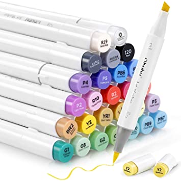 Ohuhu 24 Basic Brush Markers, Alcohol Marker Dual Tipped Brush & Chisel Sketch Art Marker, Alcohol-based Drawing Markers for Kids and Adults' Coloring, Illustration, Comes w/ 1 Colorless Marker Blender