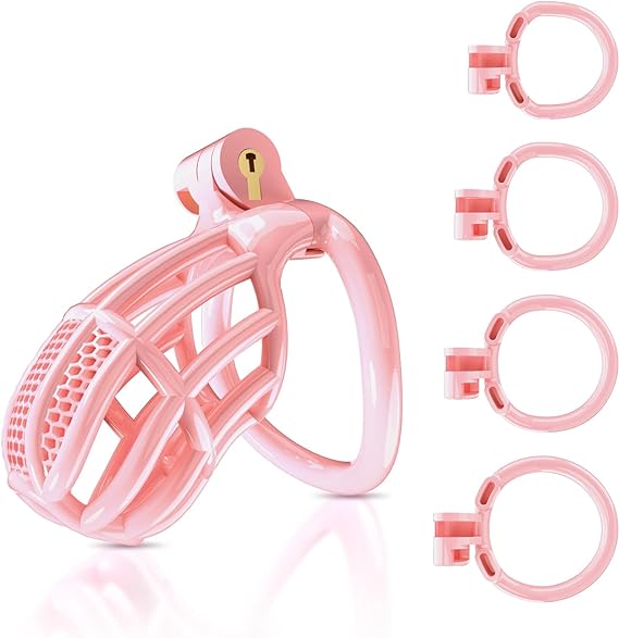 Male Cock Cage Chastity Device - UTIMI Lightweight Plastic Chastity Cage for Man Penis Exercise 3D Printed Pink Large Adult Sex Toy with 4 Sizes Rings Invisible Lock and Key