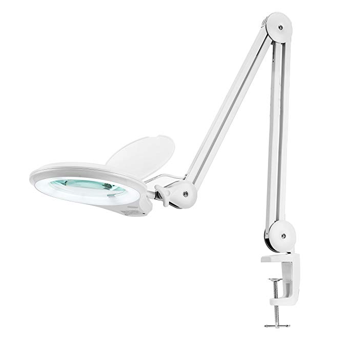[New Model] Neatfi Bifocals 1,200 Lumens Super LED Magnifying Lamp with Clamp | 5 Diopter with 20 Diopter | Dimmable | 60PCS SMD LED | 5" Diameter Lens | Adjustable Arm Utility Clamp (White)