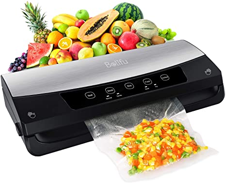 Belifu Vacuum Sealer Machine, Automatic Vacuum Air Sealing System For Food Savers with Starter Kit, Compact Design, Dry & Moist Food Modes, Built-in Cutter, LED Indicator Lights, Compact Design for Sous Vide and Food Storage (Stainless Steel)