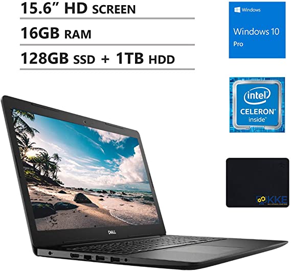 Dell Inspiron 15.6" HD Business Laptop, Intel 4205U, 16GB RAM, 128GB PCIe SSD   1TB HDD, DVD Drive, Wireless AC, KKE Mousepad, Bluetooth, Win10 Pro, Black