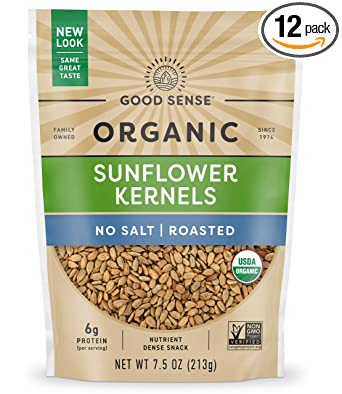 Good Sense | Organic Sunflower Nuts | Roasted Sunflower Seeds (Shelled) | No Salt | 90 Ounces (90 OZ) | 12 - 7.5 Ounce (7.5 OZ) Bags