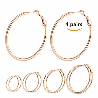 Calors Vitton 4 Pairs Surgical Stainless Steel Hypoallergenic Round Hoop Earrings Set for Women 30-60MM