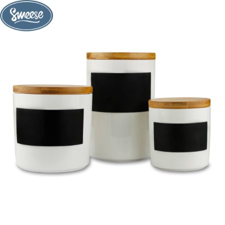 Airtight Canisters Set of 3 - Porcelain Storage Jar with Bamboo Lids and Reusable Chalkboard - by Sweese