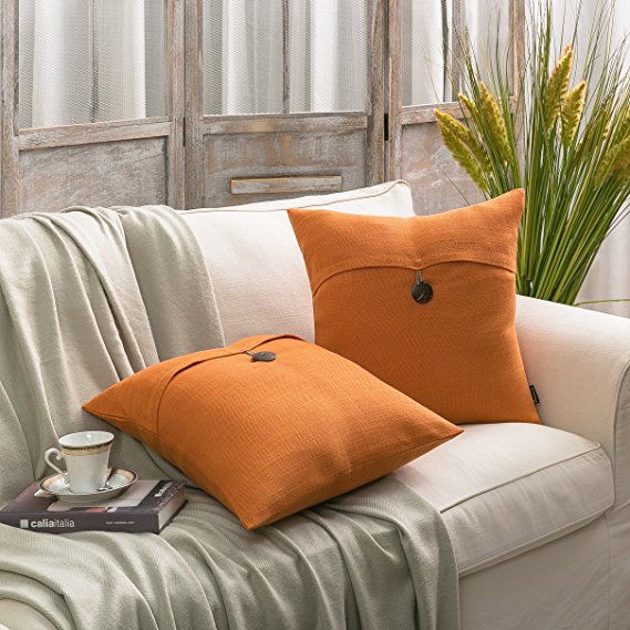Set of 2 Phantoscope Orange Linen with Button Decorative Throw Pillow Case Cushion Cover 18 "X18 "- New!!