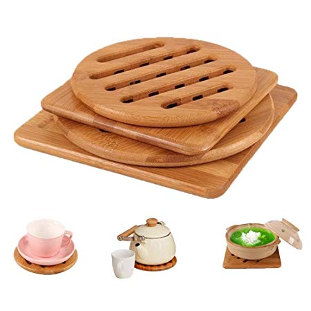 Efbock Bamboo Trivet, Home Kitchen Bamboo Hot Pads Trivet, Heat Resistant Pads Teapot Trivet, Square and Round (Multi-Size, Pack of 4)