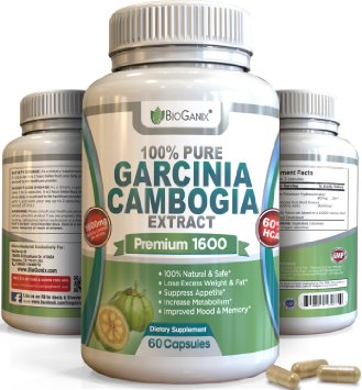 1 Best 100 Pure Garcinia Cambogia Extract Premium 1600mg - Ultra Safe All Natural 60 HCA Formula 3rd Party Tested Weight Loss Diet Supplement - NO ADDED CALCIUM or Additives Plus BONUS eGuide