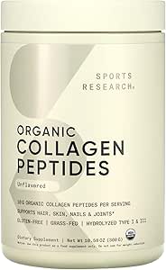 Sports Research Organic Collagen Peptides - Hydrolyzed Type I & III Collagen Protein Powder Made Sustainably from Grass-Fed Cows - Unflavored - 30 Servings