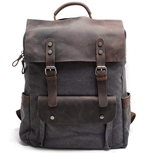 Kenox Leather Canvas Rucksack Laptop Backpack College School Bookbag