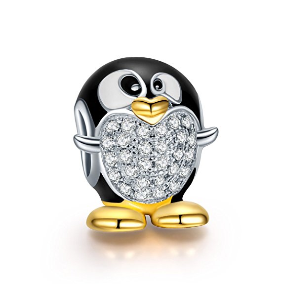 NinaQueen 925 Sterling Silver Gold Plated & Enamel Penguin Charms with Zirconia