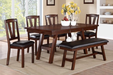Poundex F2271 and F1331 and F1332 Dark Walnut Table and ChairsBench Dining Set