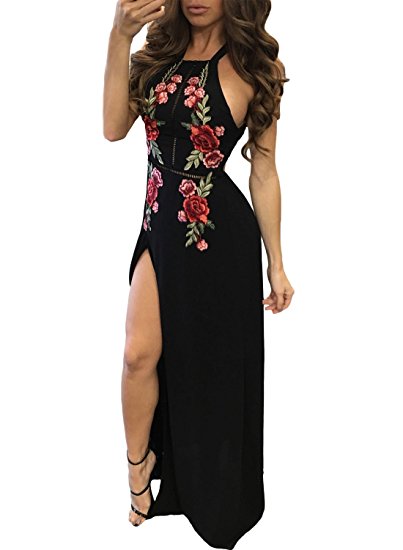 Dokotoo Womens Halter Neck Floral Embroidery Backless High Slit Maxi Dress