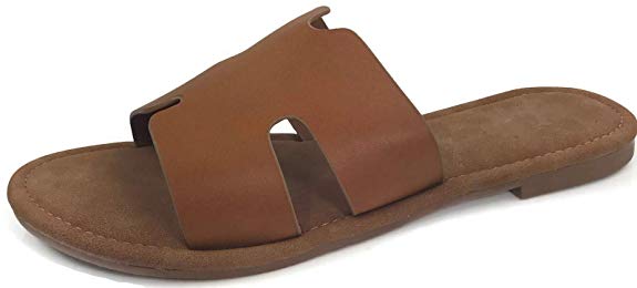 Wells Collection Womens Slip On Slide Flat Sandal with Notch Cut-Outs