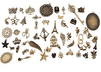 ALL in ONE Mixed Antique Bronze Alloy Pendants Beads Charms Chains Connectors Jewelry Findings : Animal, Tree, Flower, Star, Love, Crown, Key, Lock, Cross, Angel, Wing (100pcs, Antique Bronze)