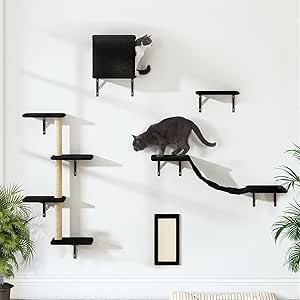 Cat Wall Shelves and Perches Set of 5/6, Sleeping Playing Lounging Climbing Cat Tree House for Multiple Cats, Black (Black, Six-Piece Set)