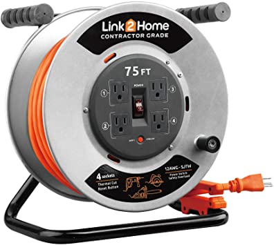 Link2Home CONTRACTOR GRADE Metal Cord Reel 75 ft. Extension Cord 4 Power Outlets – 12 AWG SJTW Cable. Heavy Duty High Visibility Power Cord.