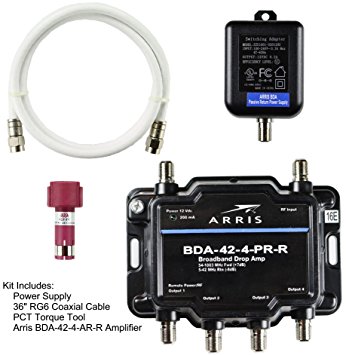 Arris 4-Port (Formerly Motorola S-4) Bi-Directional Cable TV, OTA, Satellite HDTV Amplifier Splitter Signal Booster with Passive Return And Coax Cable Package - cableTVamps®