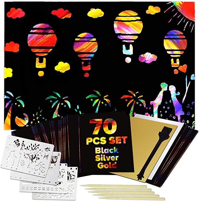 bago Scratch Art for Kids 70Pcs - Vibrant Rainbow Scratch Paper for Kids and Adults Craft Fun (Black)