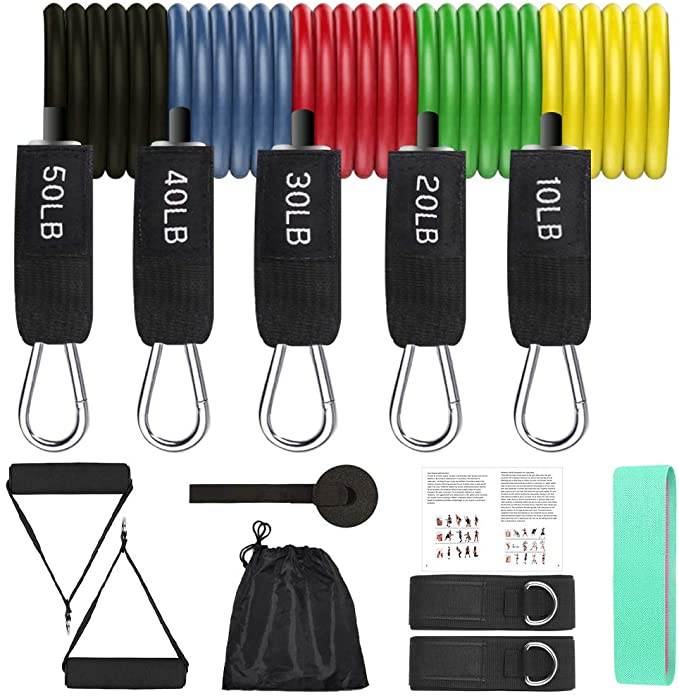 12 Pack Resistance Bands Set Workout Bands, 5 Stackable Up to 150 lbs Exercise Bands 1 Loop Resistance Bands 2 Core Sliders – Door Anchor Handles Ankle Straps Carry Bag