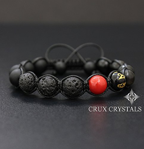 Red Spot, Mens Natural Stone Lava Rock Beaded Bracelet, Gemstone Shamballa Wrap Bracelet, Black Onyx, Tibetan Mantra Om Mani Padme Hum, Gift for Him, Crux Crystals