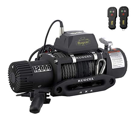 RUGCEL WINCH Waterproof IP68 Offroad Load Capacity 6.6Hp 12V Electric Winch with Hawse Fairlead, Synthetic Rope, 2 Wired Handle and 2 Wireless Remote (WINCH12000LBS-2)