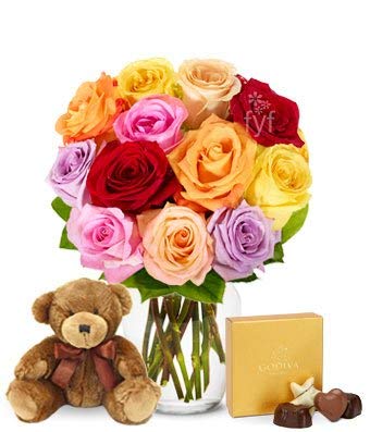 Flowers - One Dozen Rainbow Roses with Godiva & Bear (Free Vase Included)