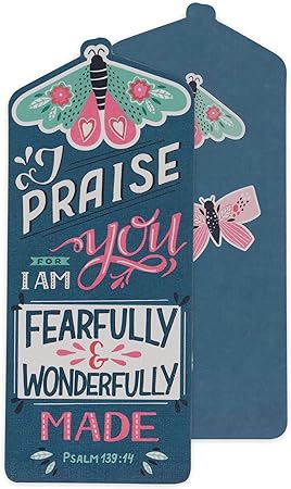 Christian Art Gifts Premium Cardstock Bookmark for Girls & Women: Fearfully & Wonderfully Made - Psalm 139:14 Inspirational Bible Verse for Books, Church, School - Inky Blue w/Teal & Pink Butterflies